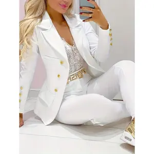 Business Casual Two-piece Set, Double-breasted Lapel Blazer & Slim Pants Outfits, Women'S Clothing Suit Elegant Long Sleeve Chic Womenswear Comfort Gamis Fitted