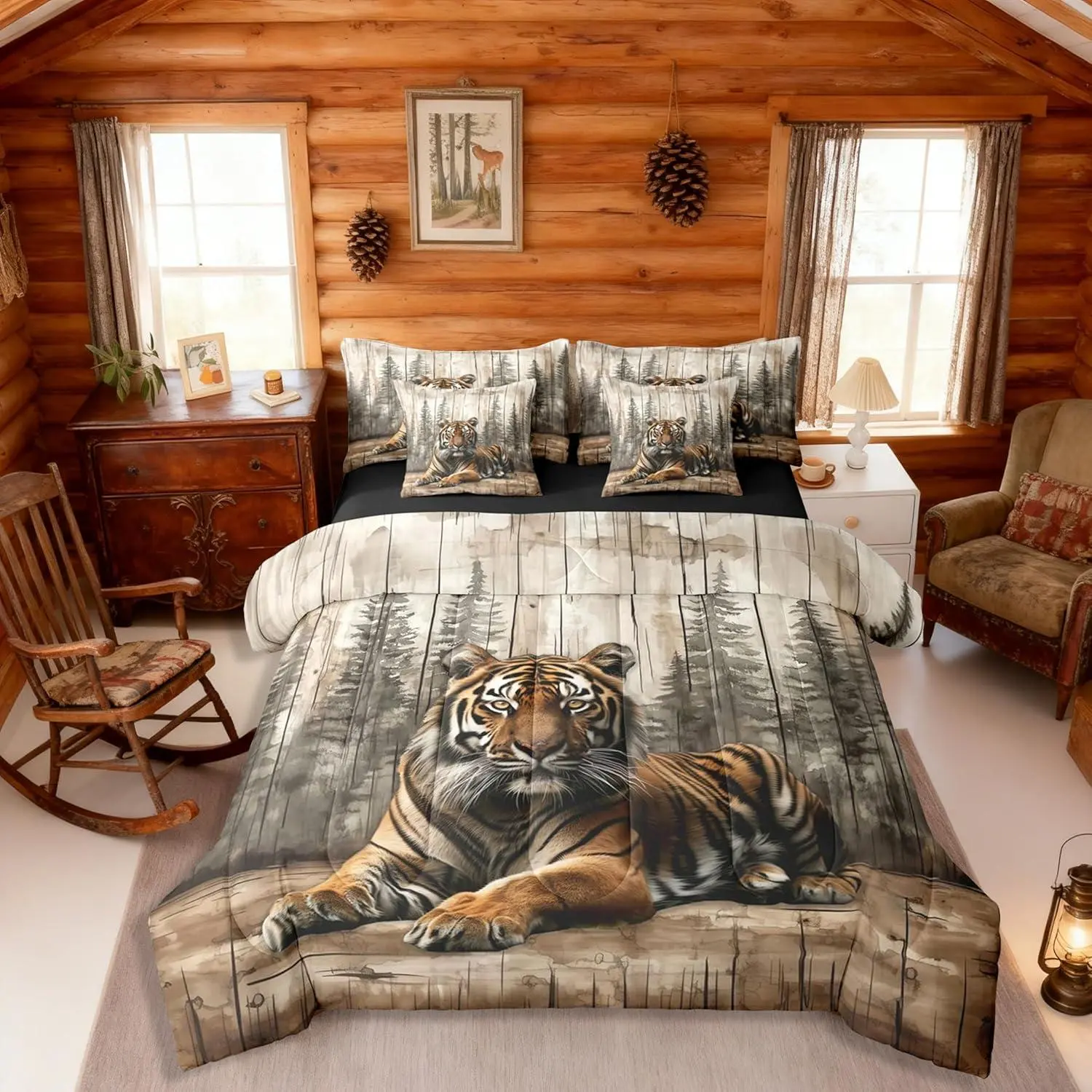 Feelyou 7-Piece Ultra-Soft 3D Tiger Print Bedding Set - Vintage Woodland Hunting-Inspired Comforter Set with Sheets, Multi-Size Home Bedroom Bed-in-A-Bag