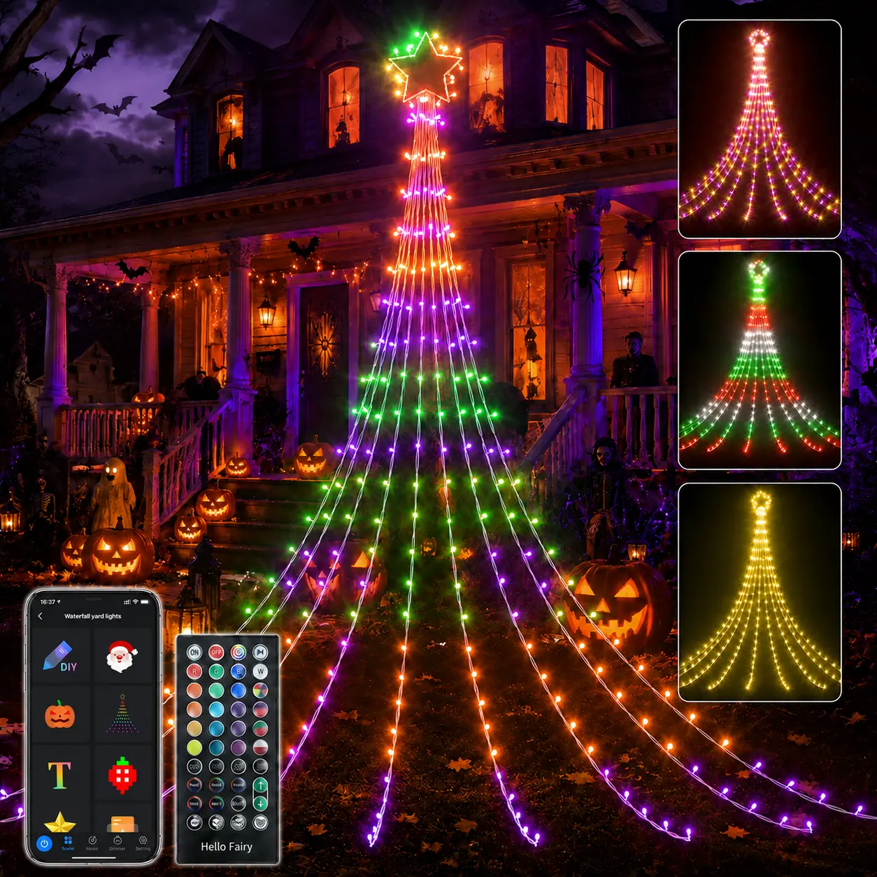 Avatar Controls RGB Outdoor Christmas Waterfall Lights, 11.8ft/23ft-7m/16.5ft-5m Options, 344 LEDs, APP & Remote Control, Timer & Music Features, Garden & Christmas Tree DIY Decorations