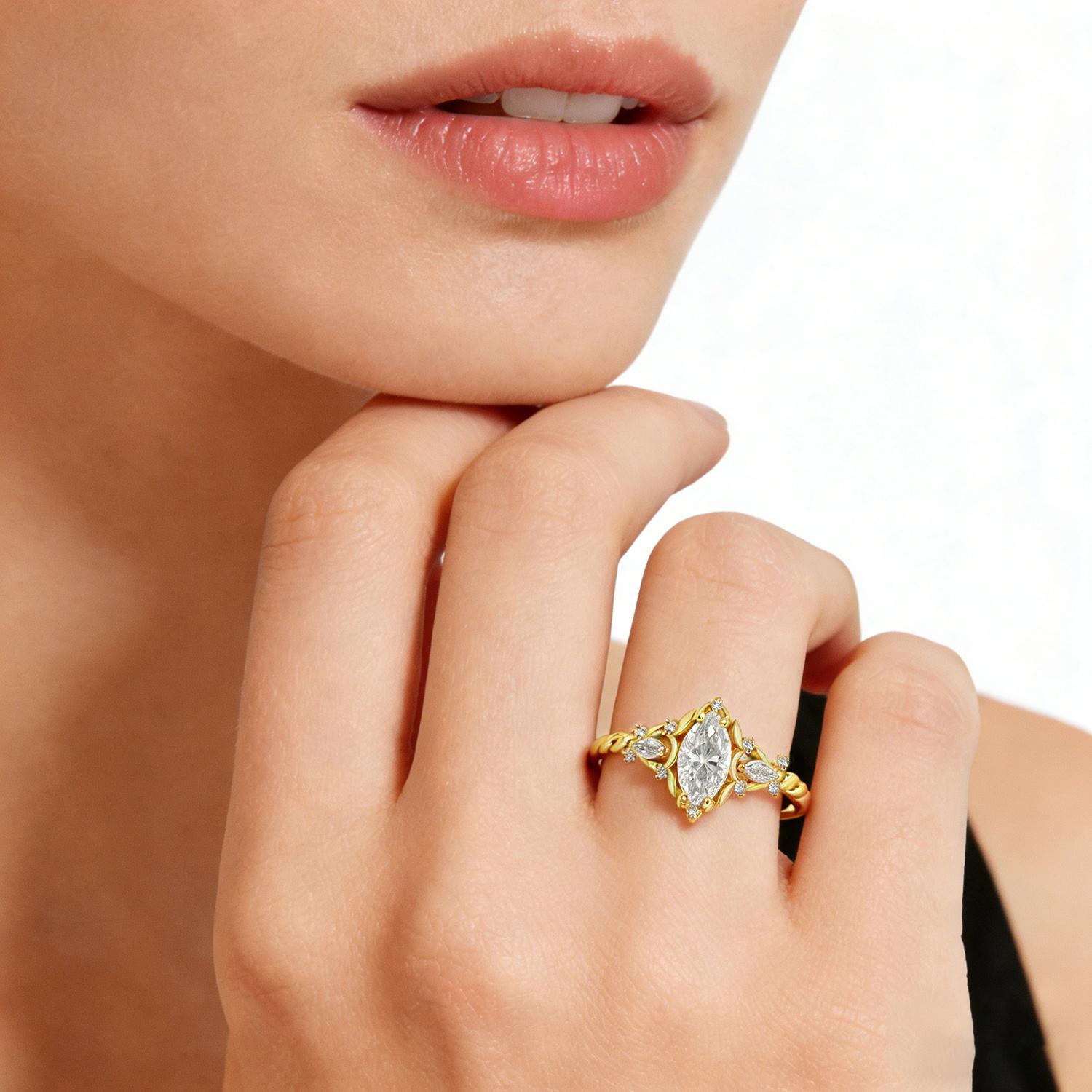 Delzzad 14k Gold-Plated 1ct Vintage Marquise Cut Engagement Ring Synthetic Moissanite Ring Jewelry S925 Perfect Birthday Engagement Wedding Anniversary Christmas Gift