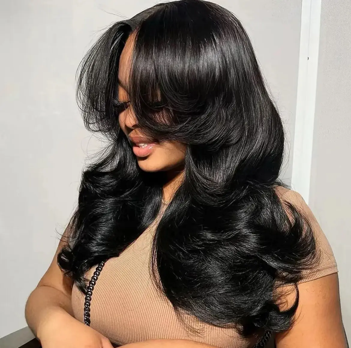 Butterfly Cut Tinashe Real HD 8x6/6x5 Human Hair Glueless 200% Density Wig With Curtain Bangs Butterfly Cut Loose Body Wavy Pre Cut 6x5 Real HD Lace Closure Wig