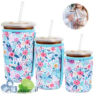 3 Pack Iced Coffee Sleeve Insulated Neoprene Cup Sleeve with Handle for Cold Beverage Reusable Holder for 16oz-32oz Coffee Cup (Flower Pattern)