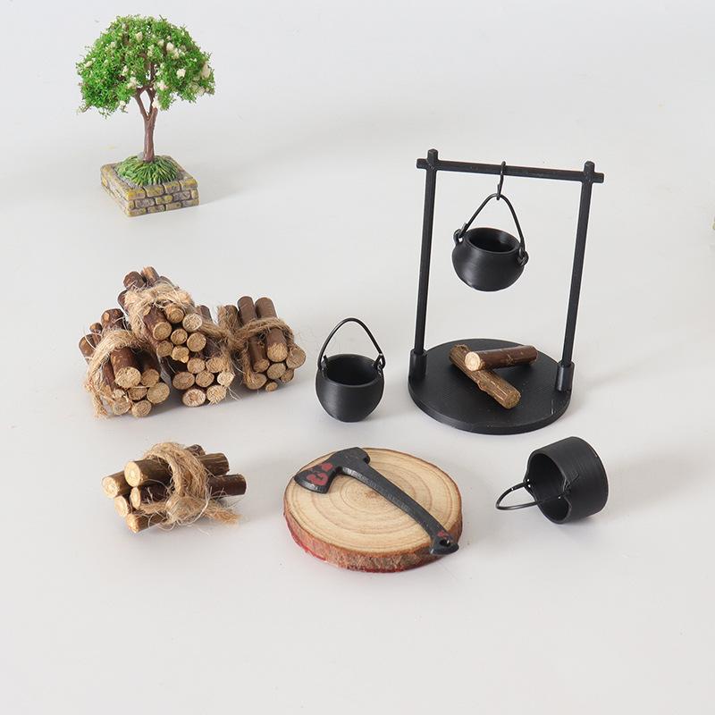BougeRV Mini Campfire & Teapot Miniature Statue – DIY Craft Dollhouse Desktop Photo Prop, Wood/Plastic/PLA Decor Gift for Home, Kitchen, Office, or Garden Ornaments Whimsy