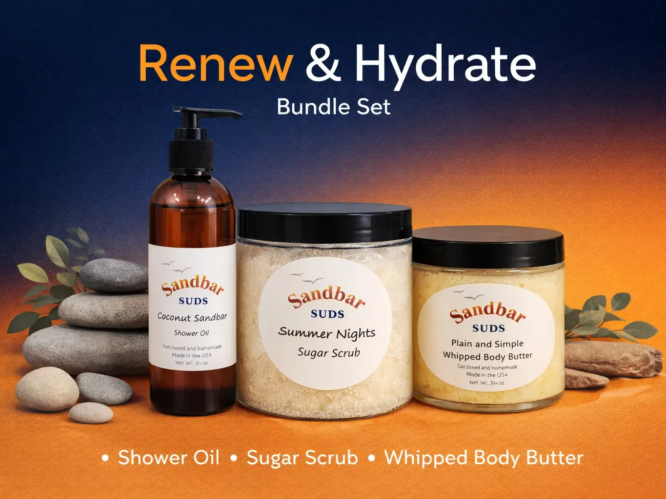 Sandbar SUDS Renew & Hydrate 3-Piece Skin Resurfacing Bundle | Full Body Exfoliation & Moisture Set | Includes Whipped Sugar Scrub, Hydrating Shower Oil & Whipped Body Butter | Glow-Boosting Kit | Made in USA | Phthalate-Free