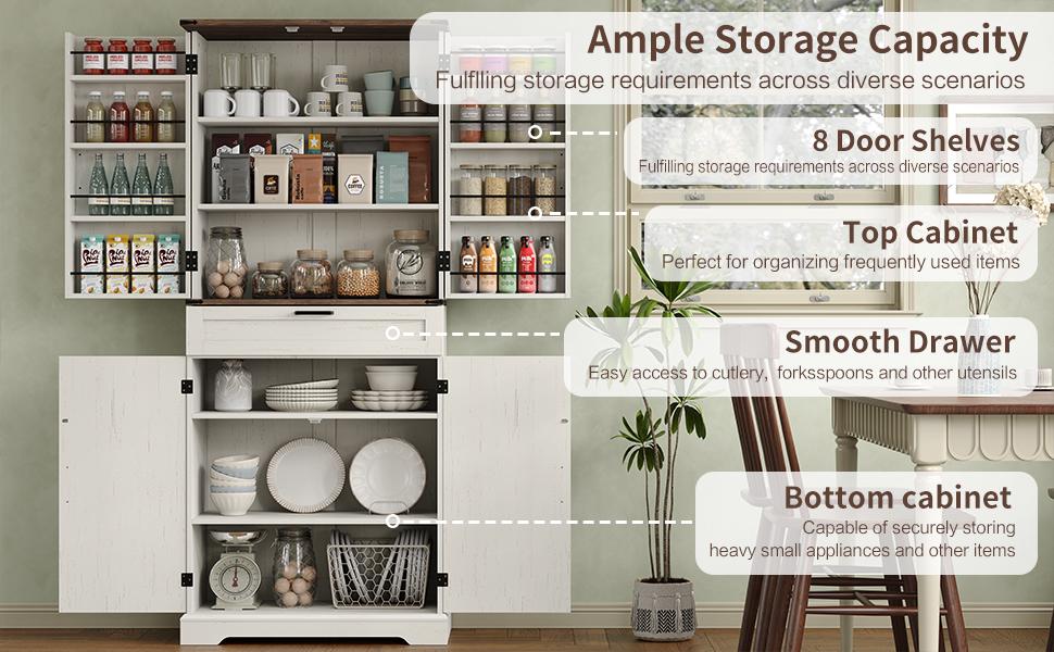 FUSOU 72'' Kitchen Storage Pantry Cabinet, Tall Storage Cabinet with 8 Door Shelves, 2 Cabinets and 1 Drawer, Freestanding Cupboard for Kitchen, Dining Room, Bathroom, Laundry, White