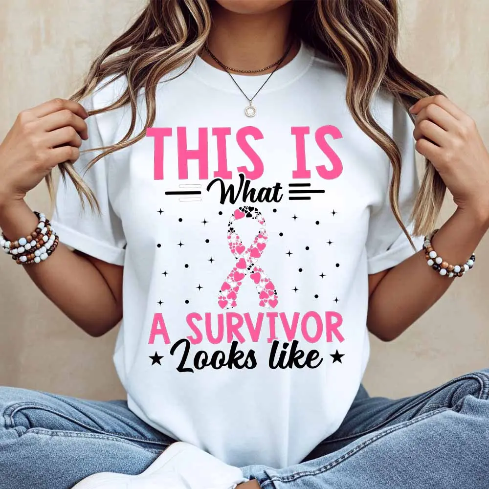 This Is A Survivor Looks Like Pink Ribbon Breast Cancer Awareness Print T Shirt White Casual Loose Fit Top For Women Suitable For Everyday Wear And Light Activities
