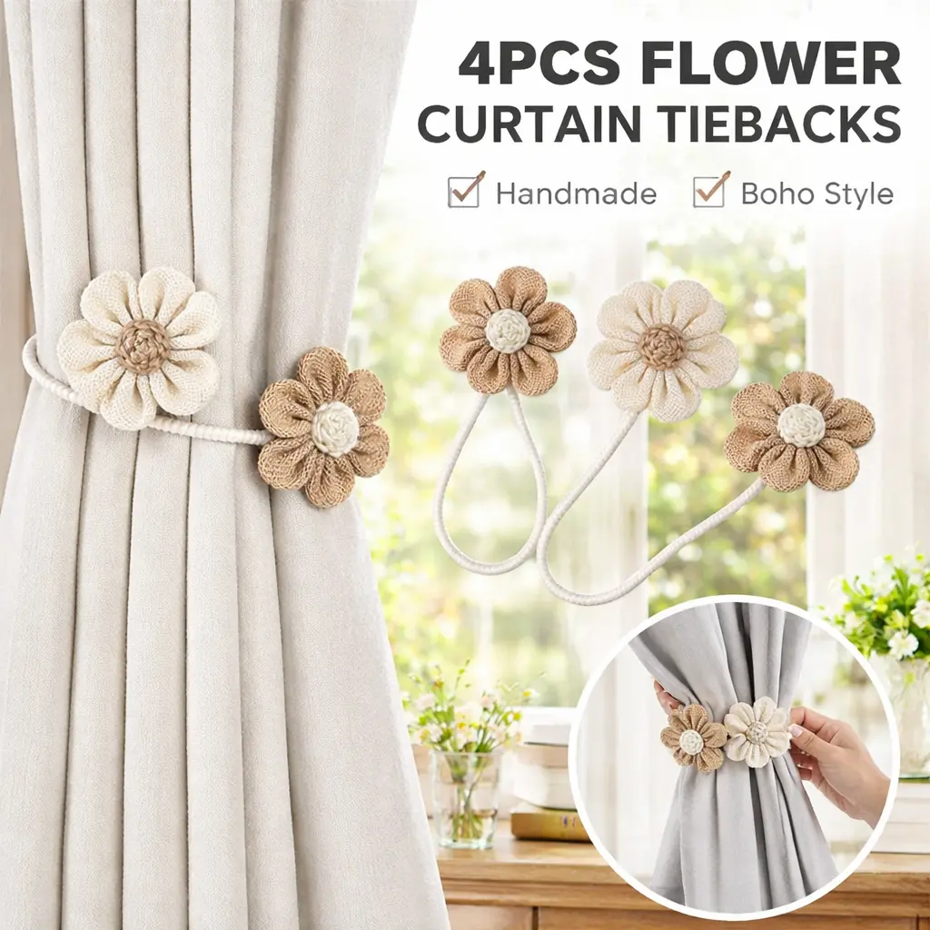 4pcs Flexible Cotton Linen Window Curtain Tiebacks - 2 Flower Shapes, 2 Twist to Fit 18.9" Adjustable Rope Holdbacks for Cottage House Valances, Living Room Treatments, Natural Style, No Hardware/Rings