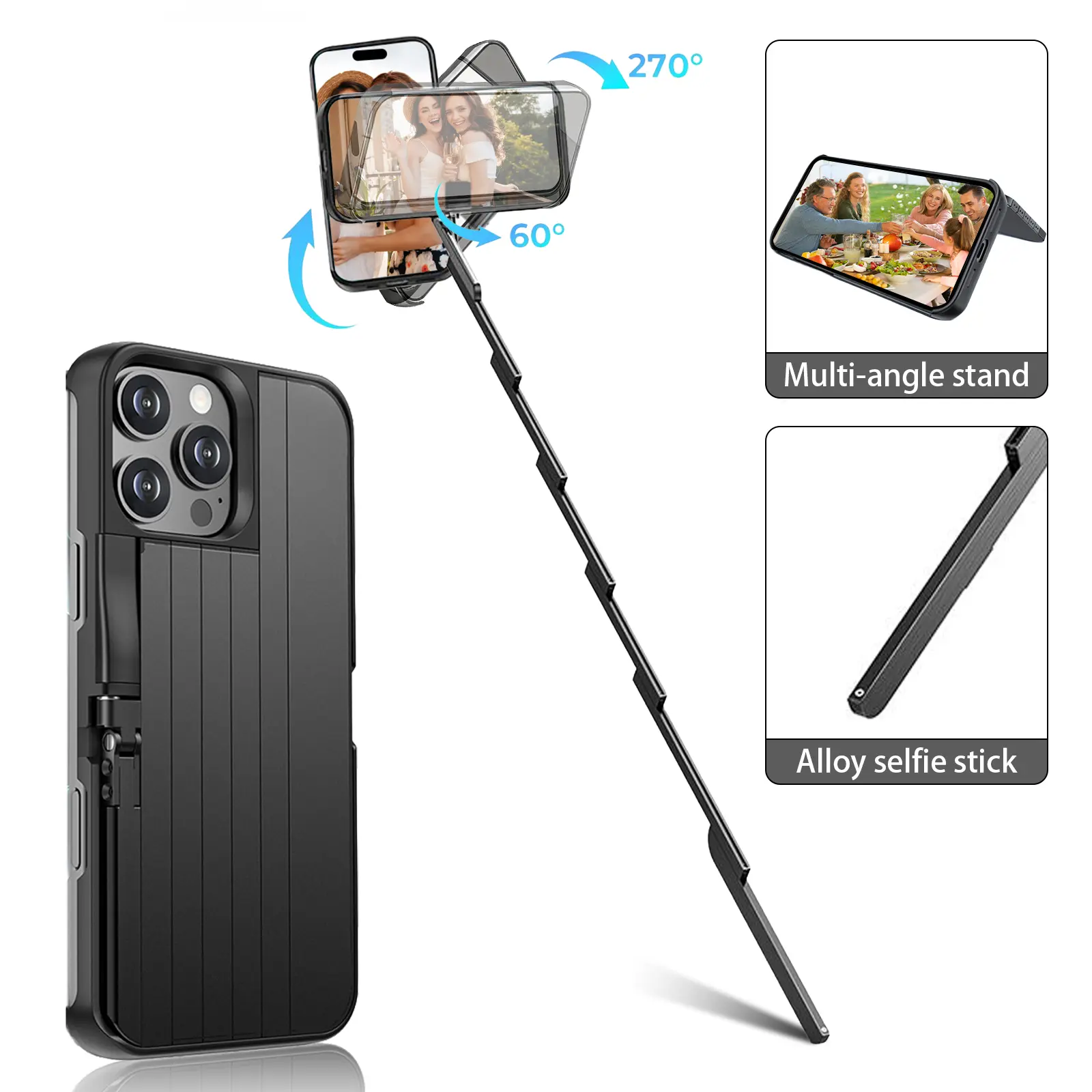 Concert Phone Case with Selfie Stick 3-in-1 Foldable iPhone Case Slim Vertical Design Rotatable Mount Bluetooth Remote Shooting Multi-Angle Rotation Folding Stand for Travel & Vlogging