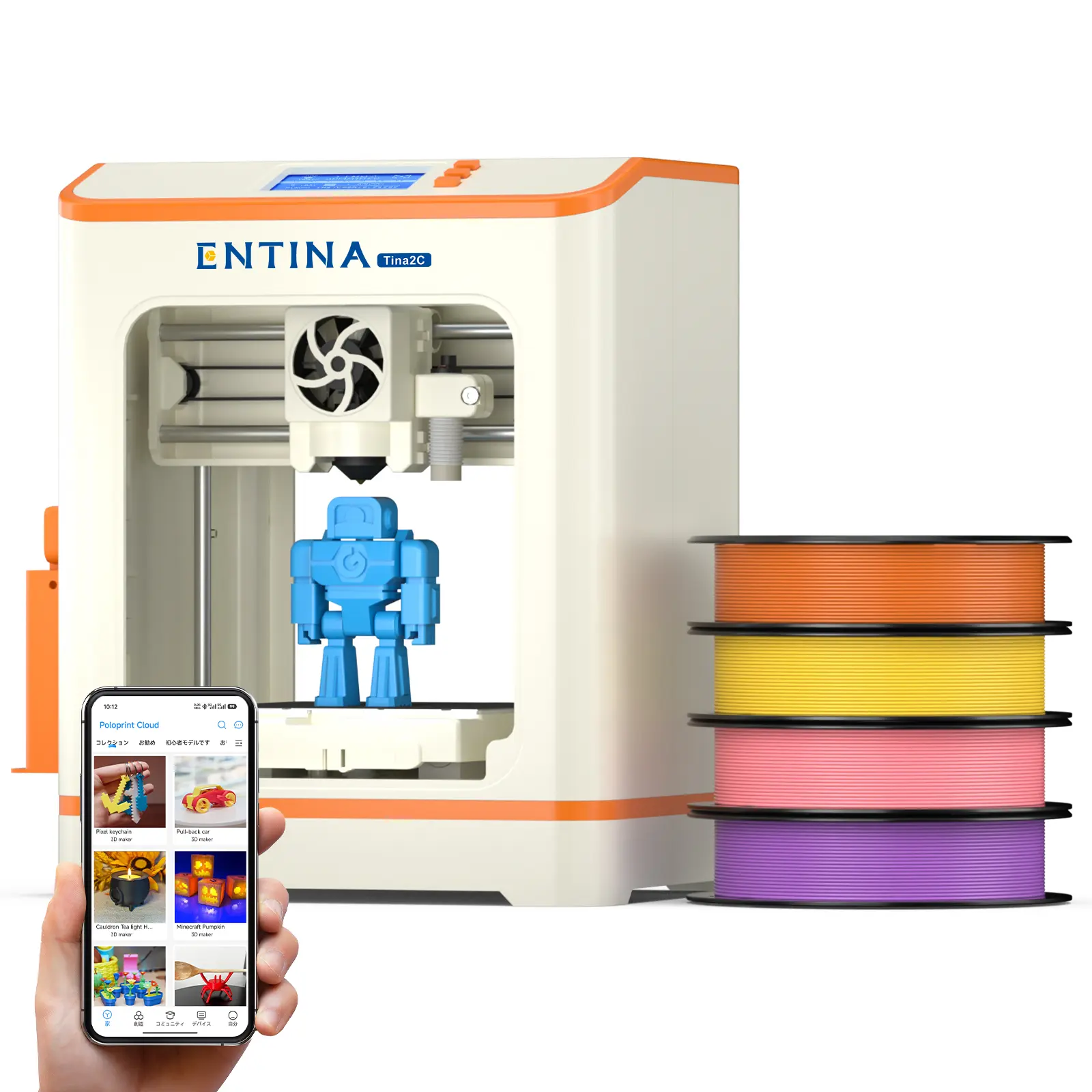 Entina Tina2C Mini Fully Assembled 3D Printer Starter Bundle for Kids, Auto-Leveling, 3.9" Build Area, WiFi & App Control, Intuitive Setup, 1500+ Models, 20+ DIY Modules, 4-Color PLA Filament, Removable Plate, LED Lighting, Birthday Gift Set