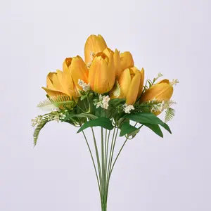 Yellow Silk Tulip Bloom & Leaf Stem Bouquet Faux Floral Spray  - 19"