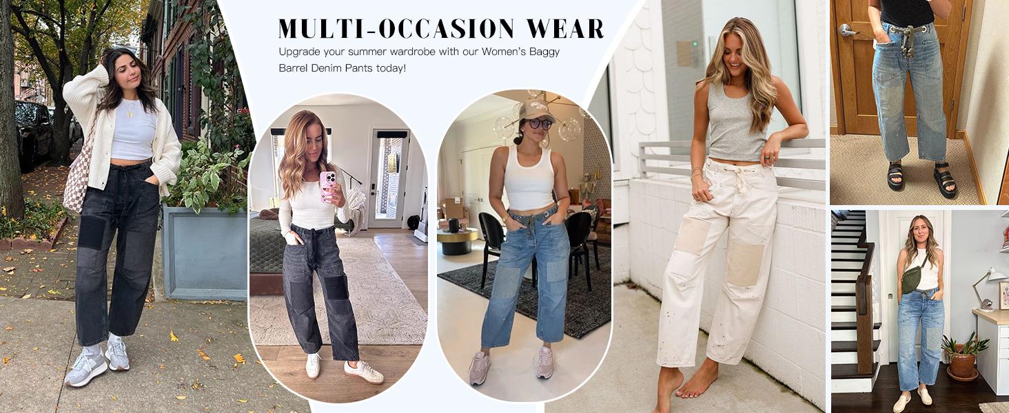 Cicy Bell Women's Baggy Barrel Horseshoe Jeans Wide Leg Patchwork Low Rise Denim Pants with Pockets Streetwear Bottom Fitted Basic Trouser for Stylish Womenswear