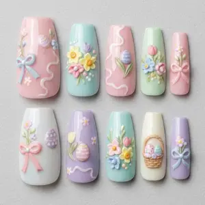 Easter Pastel Press On Nails, 3D Floral Bunny Egg Nail Art, Cute Spring Handmade Nail Set