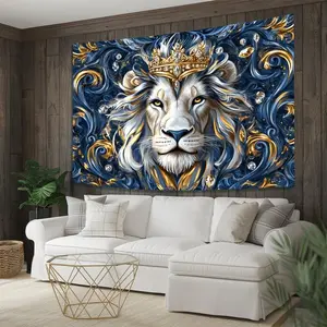 1pc 3D Effect Regal Lion Wall Mural with Golden Crown & Navy Blue Swirls - for Living Room, Party, or Home Decor Gift, Poster Ornaments Decoration Artistic Photo Print