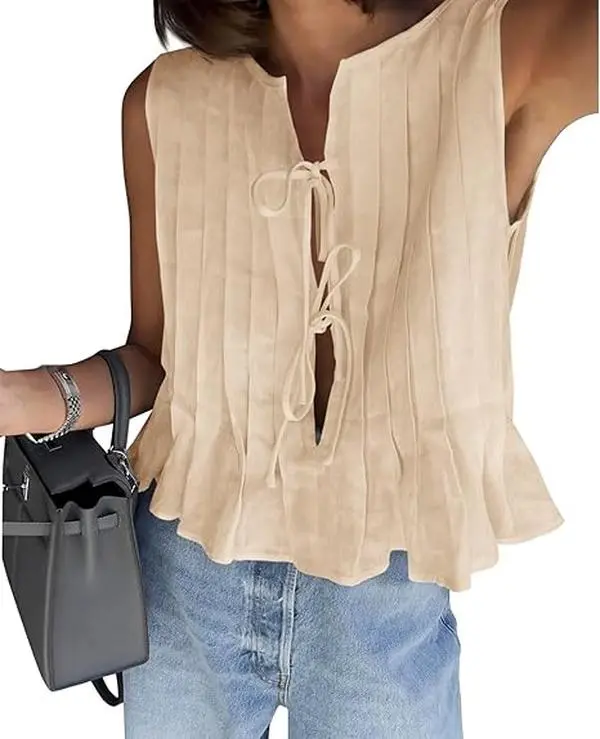 Cicy Bell  Womens Bow Front Tie Tank Tops Pleated Babydoll Top Sleeveless Cute Coquette Shirt Summer Outfits