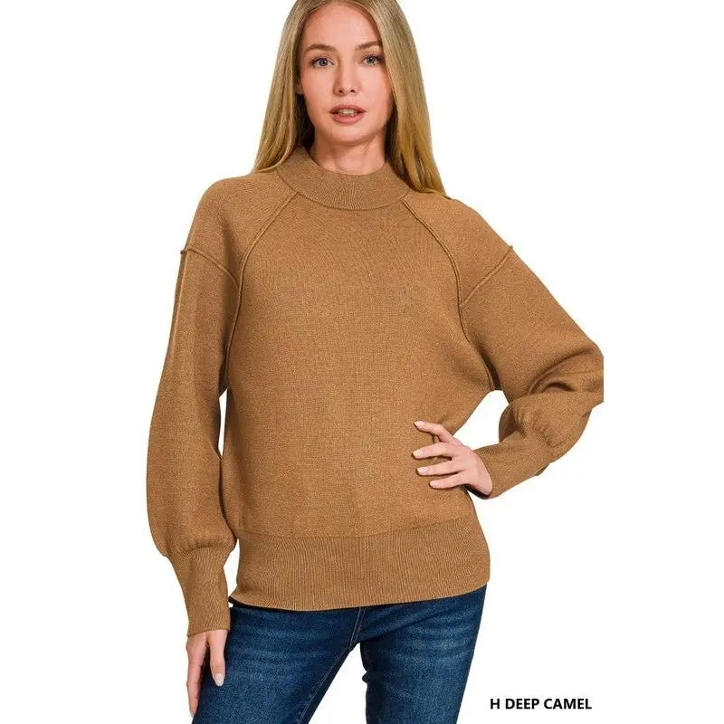 Women's Mock Neck Sweater, Stylish Viscose Blend Knitwear in a Relaxed Fit with Exposed Seam Detail for Casual Elegance, Style, Fabric, Lightweight, Drape, Ribbed, Soft, Tops, Work, Full Sleeve, Long Sleeve, Comfortable, Sleeves