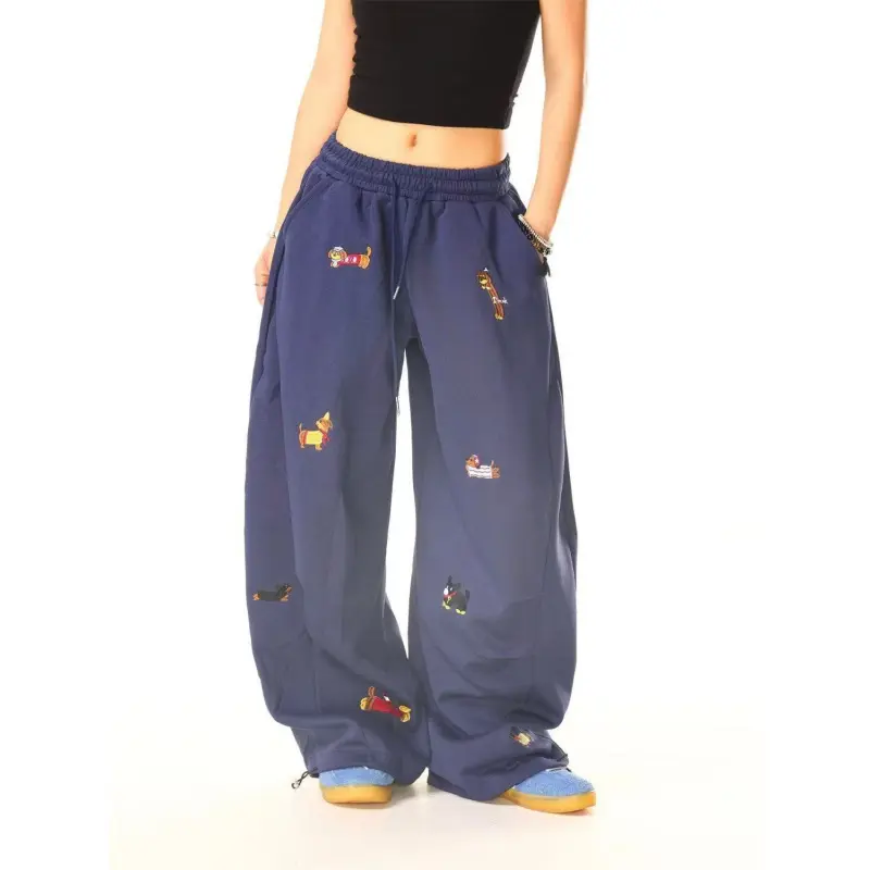 2026 New Fashion Unisex Embroidery Puppy Baggy Barrel Sweatpants Y2K Streetwear Vintage Loose Fit Joggers 026 Trendy Unisex Embroidery Puppy Baggy Barrel Sweatpants Y2K Vintage Streetwear Loose Joggers