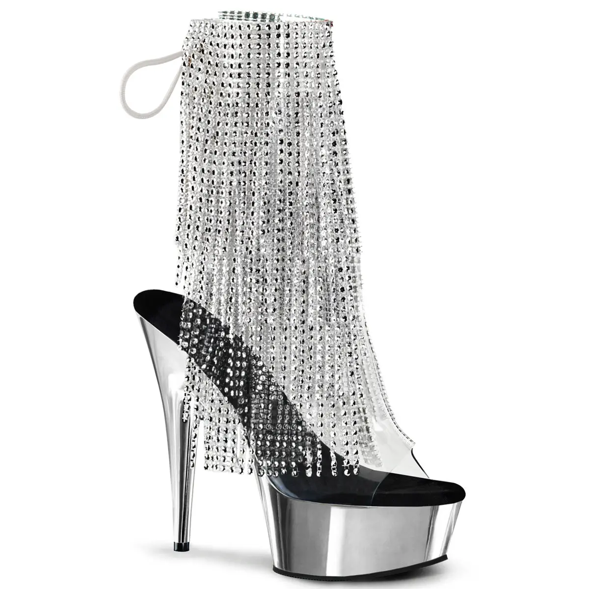Pleaser Women's Rhinestone Fringe Open Toe Ankle Boots - 6 in Stiletto Heel, Chrome Platform Sole, Rear Lace-Up, Side Zip, Party Statement Footwear