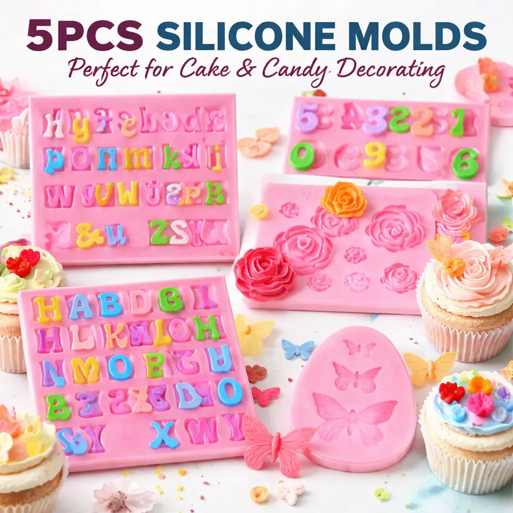 5pcs BPA-Free Silicone Baking Molds Set - Letter, Number, Rose, Flower, Butterfly Shapes, Anti-Adhesive Candy Mold Chocolate & Sweet Moulds for Desserts, Happy Birthday Personalized Cake Toppers, Cupcake Decorating, Nonstick Baking Mold