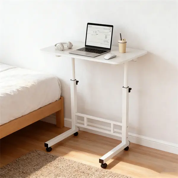 Modern Adjustable Metal Computer Desk with Rolling Wheels, 25"-35" Height Range, Large Desktop Space, Storage Shelf, Portable for Small Spaces, Home Office Writing/Gaming Use, Assembly Required (All Tools Included)