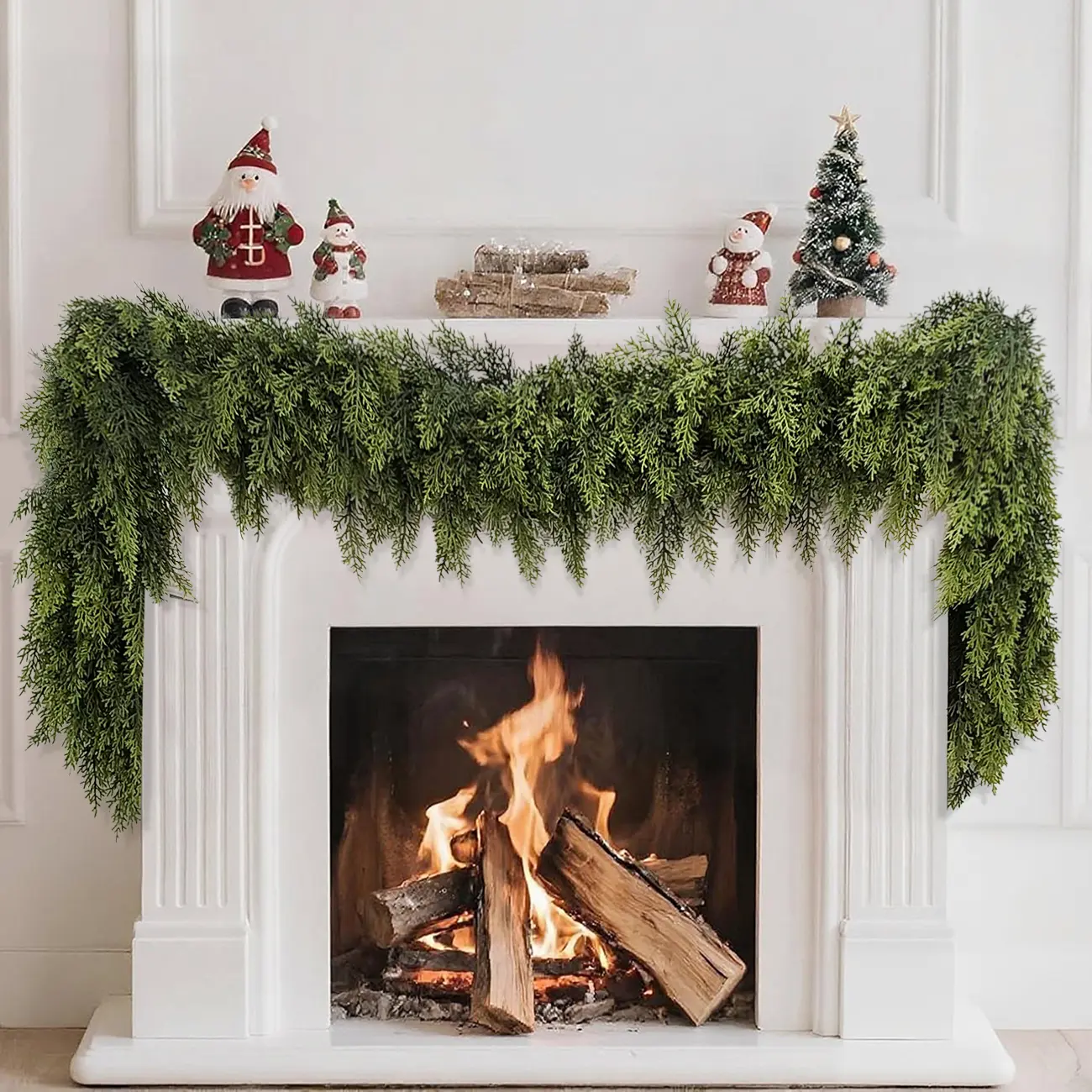 6 FT 2 Pcs Artificial Cedar Garlands, Real Touch Winter Cedar Garland, Green Artificial Greenery Pine Garland for Table, Mantle, Wall, Indoor, Outdoor Christmas Decorations (2, 6 FT)