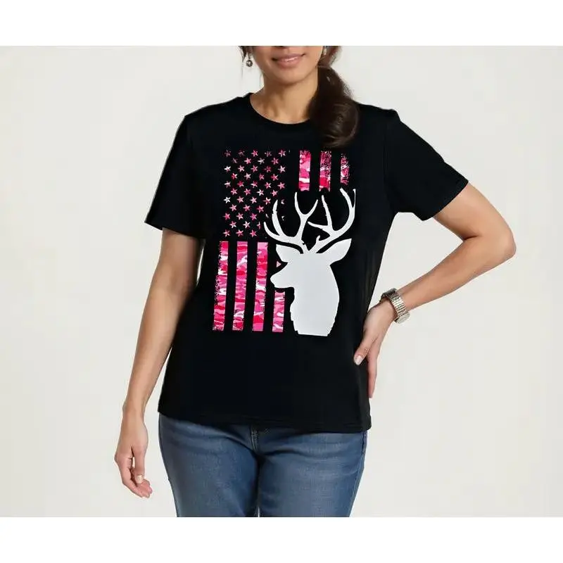 Whimsical Pink Camo American Flag Deer Hunting T-Shirt for Women - Graphic Top, Everyday Wear, Vintage Style, Streetwear, Summer Fashion Womenswear Tshirt
