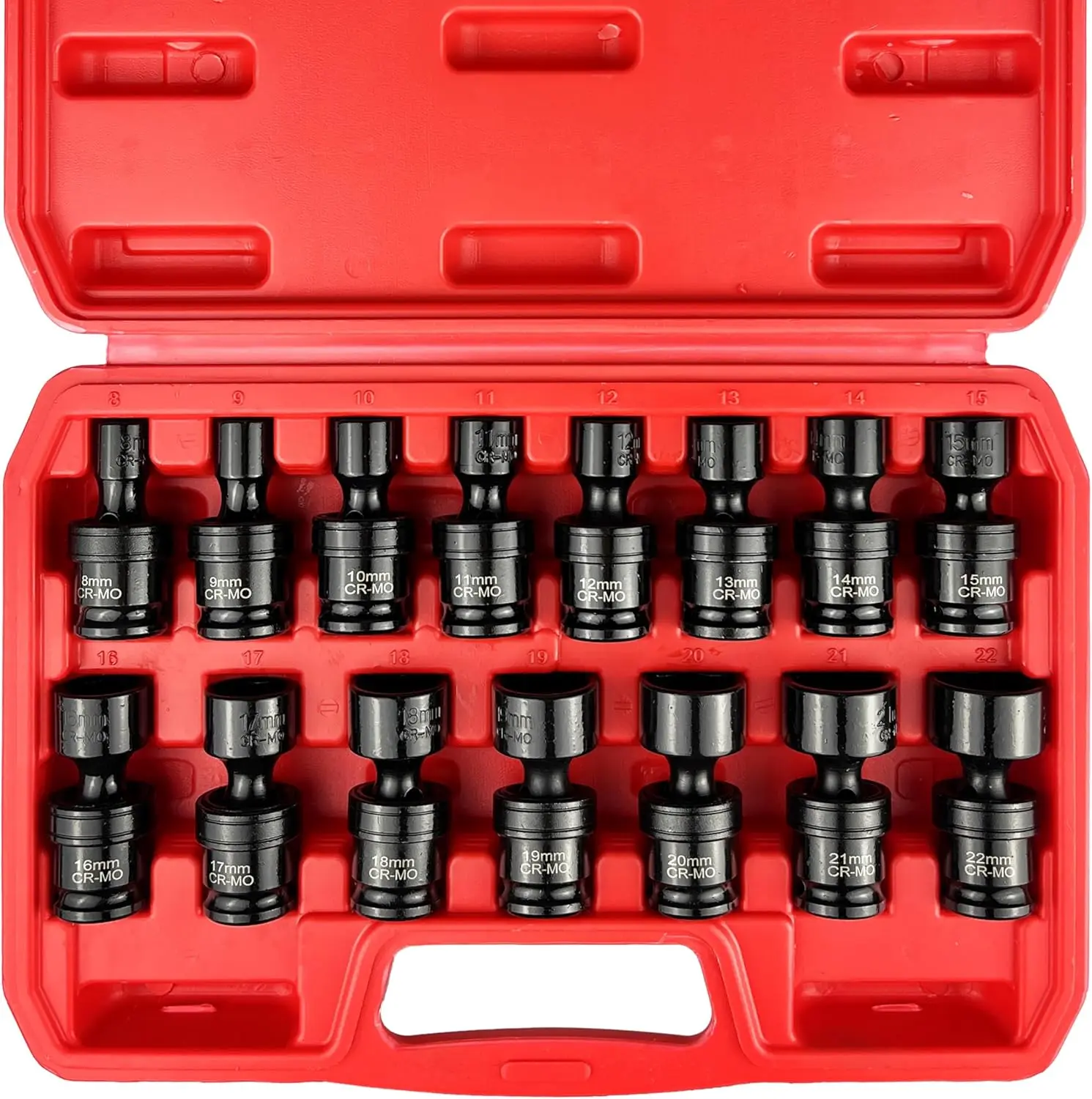 15-Piece 3/8" Drive Shallow Universal Impact Socket Set, 6-Point, Metric, 8-22mm,  Metric Flexible Wobble Sockets, CR-MO Steel,Heavy Duty Storage Case