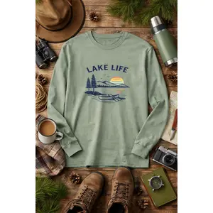 Comfort Colors Menswear Casual Cotton Soft Longsleeve Shirt - Lake Life Canoe Sunset Graphic, Unisex Lakeside Nature Top
