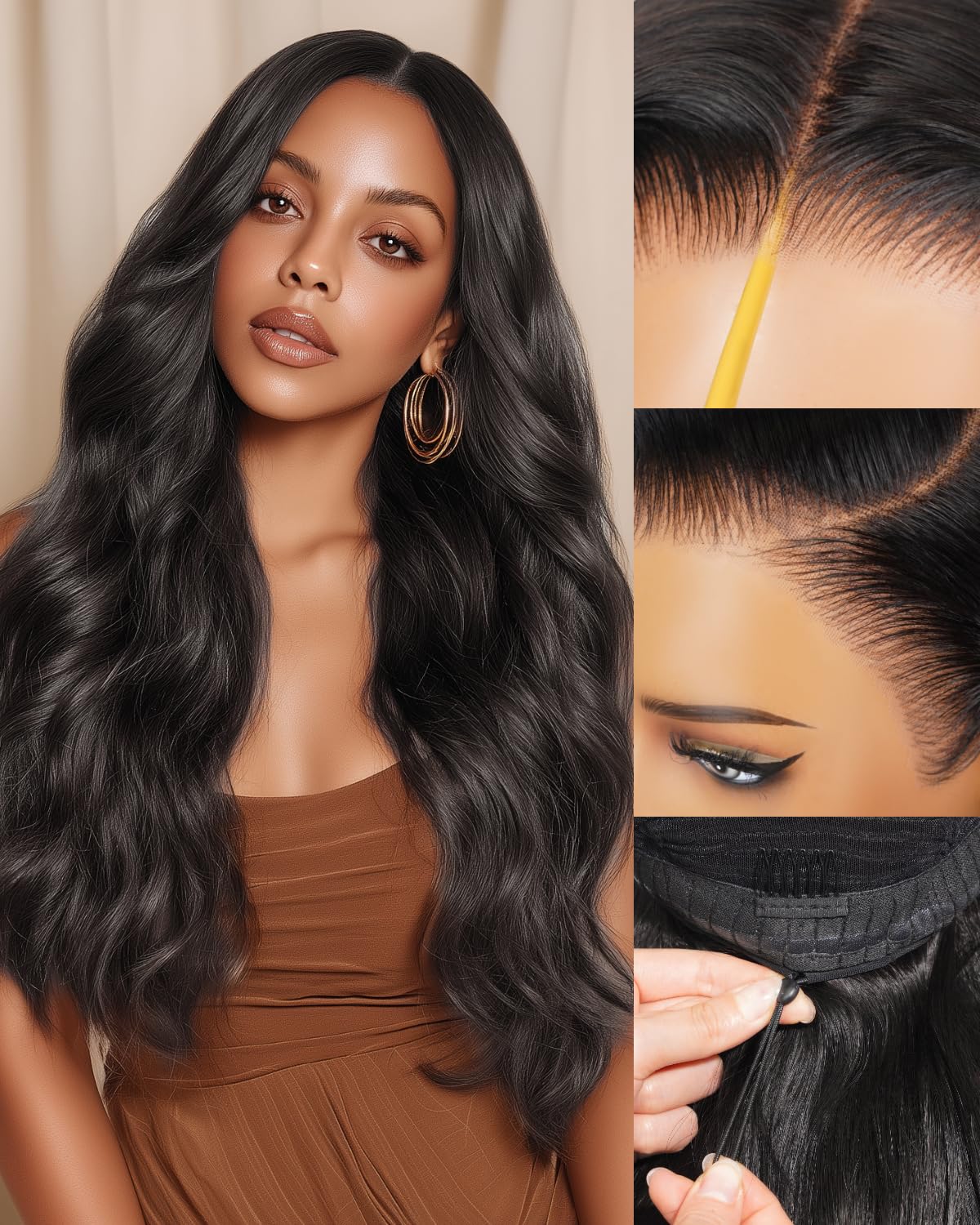 [Drawstring Glueless Wig] Bling Hair Body Wave 13x6 Drawstring Glueless Wigs Human Hair Pre Plucked Pre Cut 180% Density 13x4 Transparent Lace Front Wig Human Hair Wear and Go Glueless Wigs for Black Women Natural Color