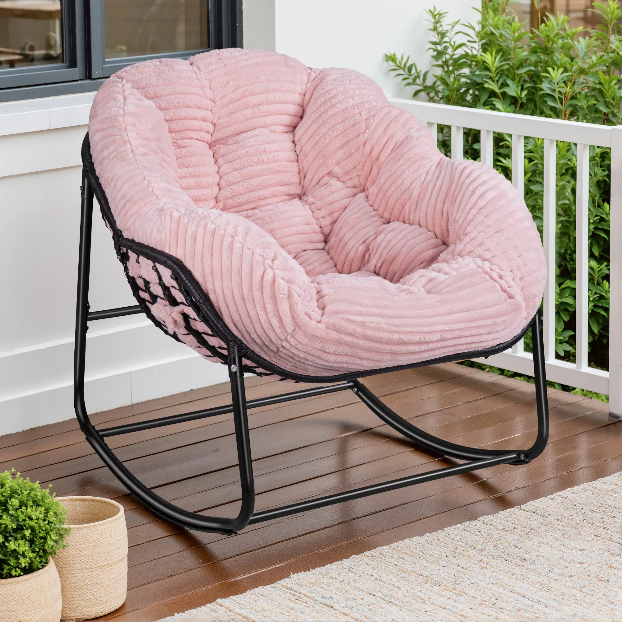 AHB Oversized Wicker Egg Comfy Chair - Armless Indoor Rocking Chair, Compact Space-Saving Furniture, 6-inch-thick Waterproof Corduroy Seat Cushion, Durable Strapped Seating for Living Room, Reading Nook (Easy Assembly/Maintenance; Power Drill May Assist)
