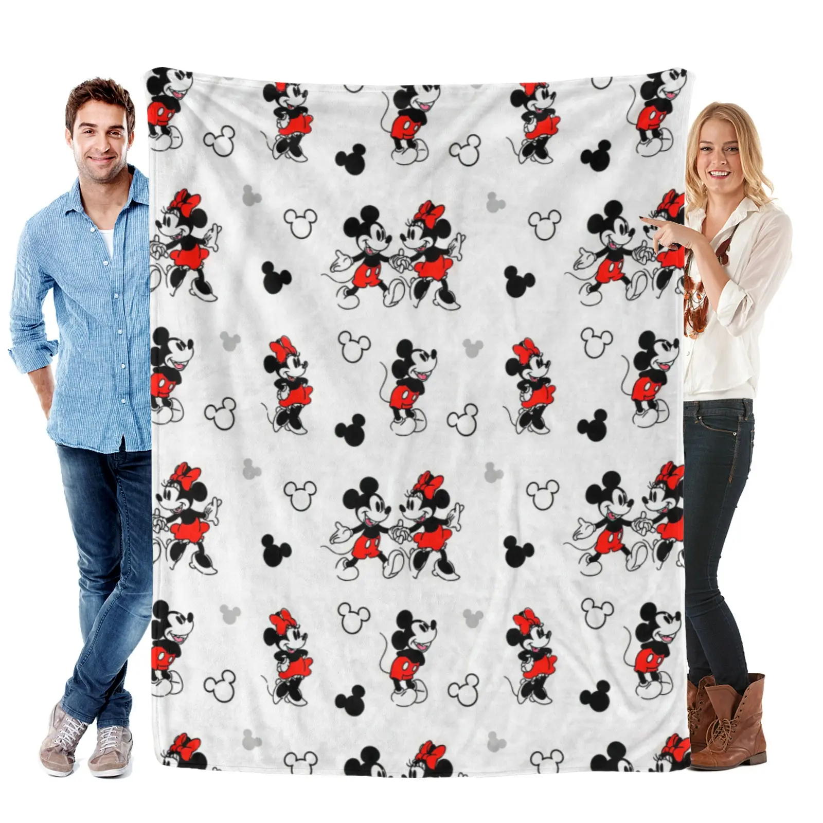 [Summervibes] Disney Minimalist Mickey Minnie Lover Silhouette White Background Mickey Mouse Blanket - Machine Washable Wrinkle Resistant, Match Complete Mickey Mouse Bedding For Bedroom Travel Beach