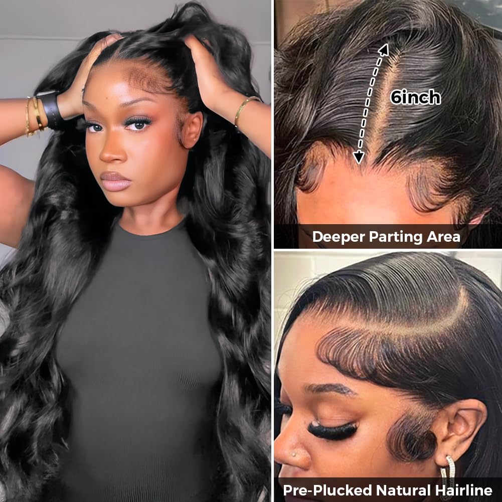Bling Hair Body Wave Wigs Human Hair 13x6 Real Frontal Wig 180 Density HD Transparent Lace Front Wigs Human Hair Pre-Plucked Tangle-Free Natural Black for Women