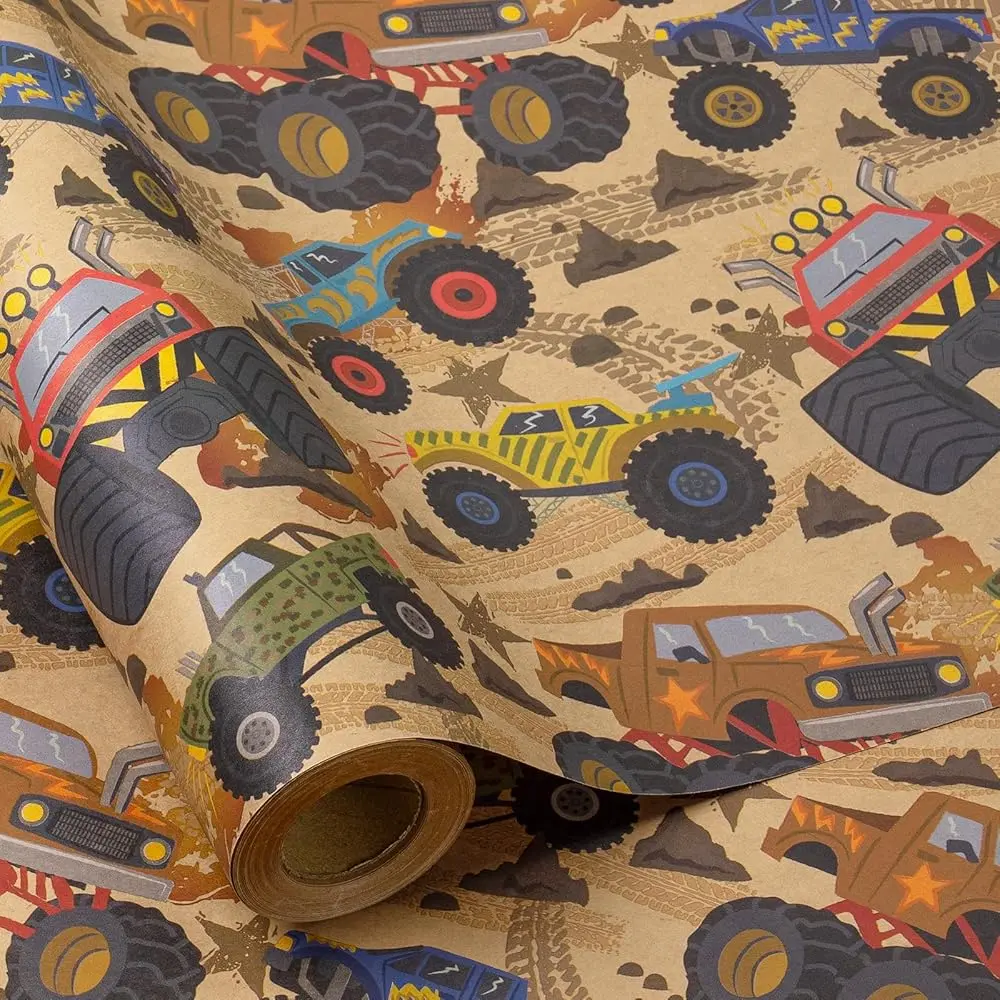 RUSPEPA Monster Truck Wrapping Paper for Boys, Kids Birthday Gift Wrap Roll 17" x 16.4 Ft, Fun Truck Theme Kraft Paper for Birthday Party & Holidays,back to school,back to school haul