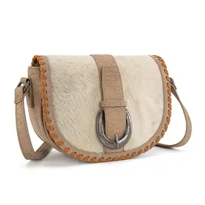 Trinity Ranch Western Unique Hair-On Cowhide Saddle Stitch Crossbody Bag