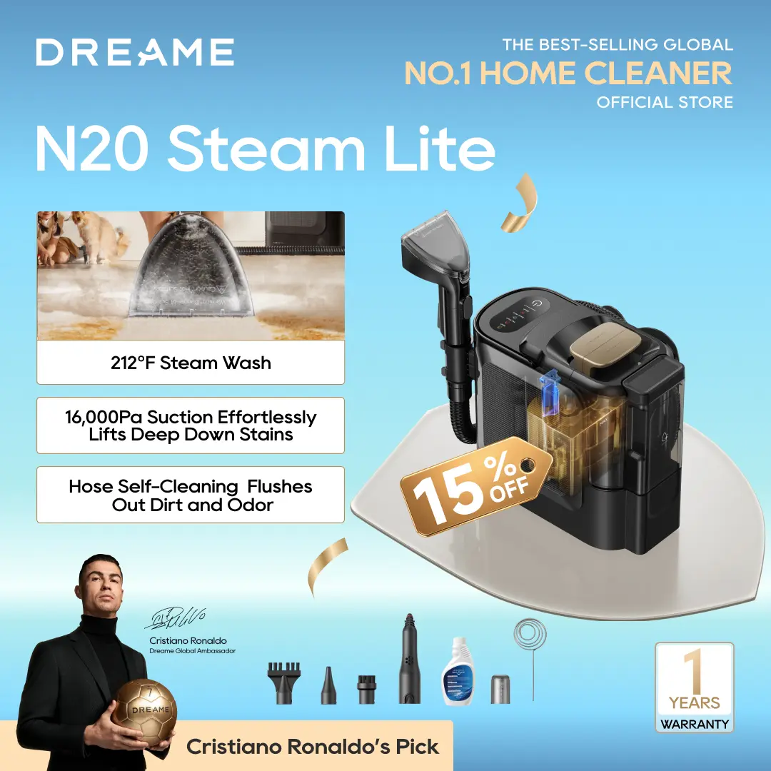 【New Arrival】DREAME N20 Steam Lite Portable Carpet Cleaner with Steam & Hot Water Wash, Upholstery Cleaner Machine with Auto-Mix Solution, 17Kpa Powerful Suction, Spot Cleaner for Carpet, Couch, Furniture, Pets, Cars