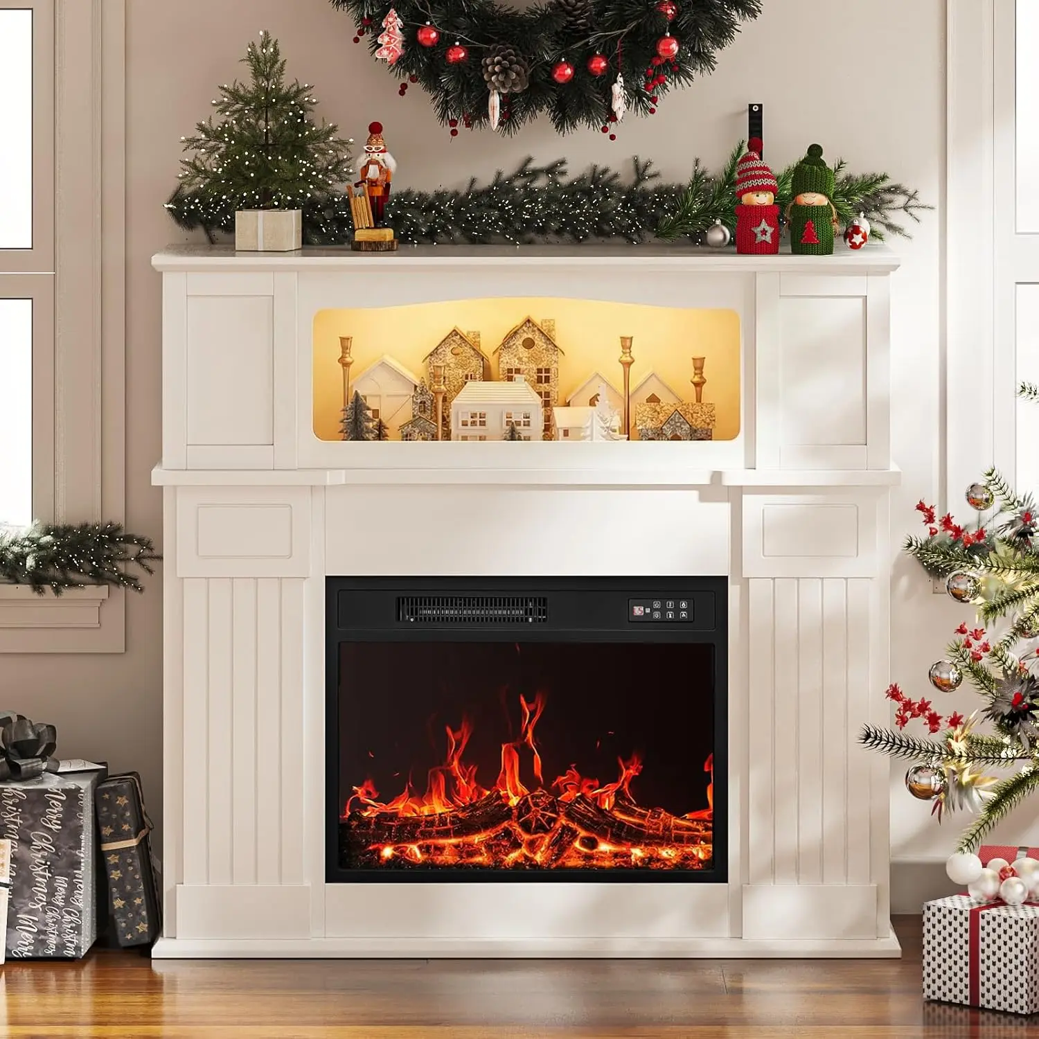 PUKAMI 43" Freestanding Electric Fireplace TV Stand with Mantel, 23in Insert, Wooden Surround, 14-Color LED Light Strip, 3D Realistic Flames, Faux Log, Heater (750W/1500W), Remote Control, Touch Screen, 1-8 Hour Timer, Home Decor for Living Room, 5 Bright