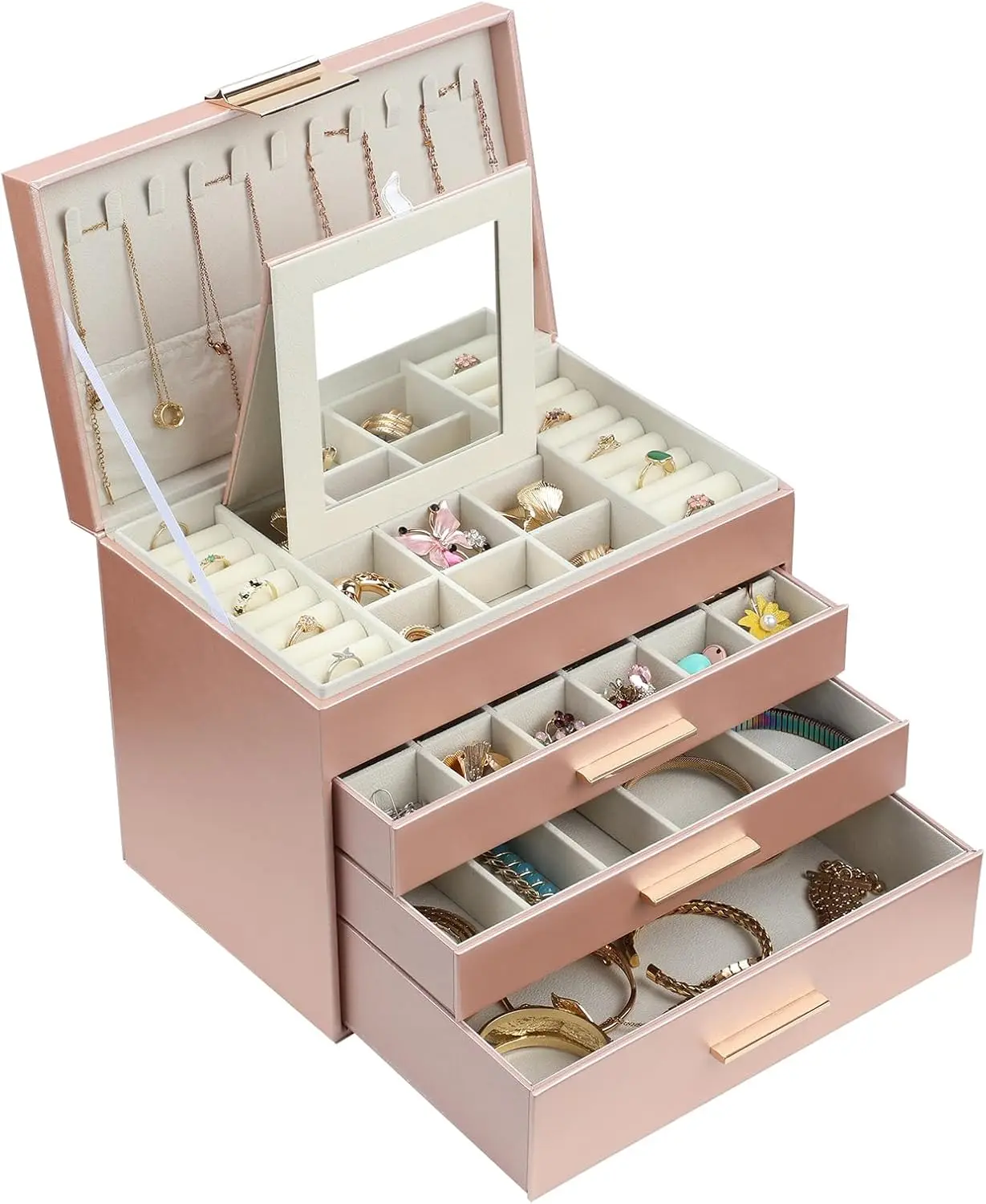 BOOVO（Rose gold）Jewelry Boxes for Women, 4 Layer Jewelry Organizer with Necklace Hanger and Drawers, Large Jewelry Box for Earrings, Necklace and Bracelet Storage Gifts for Women and Girls