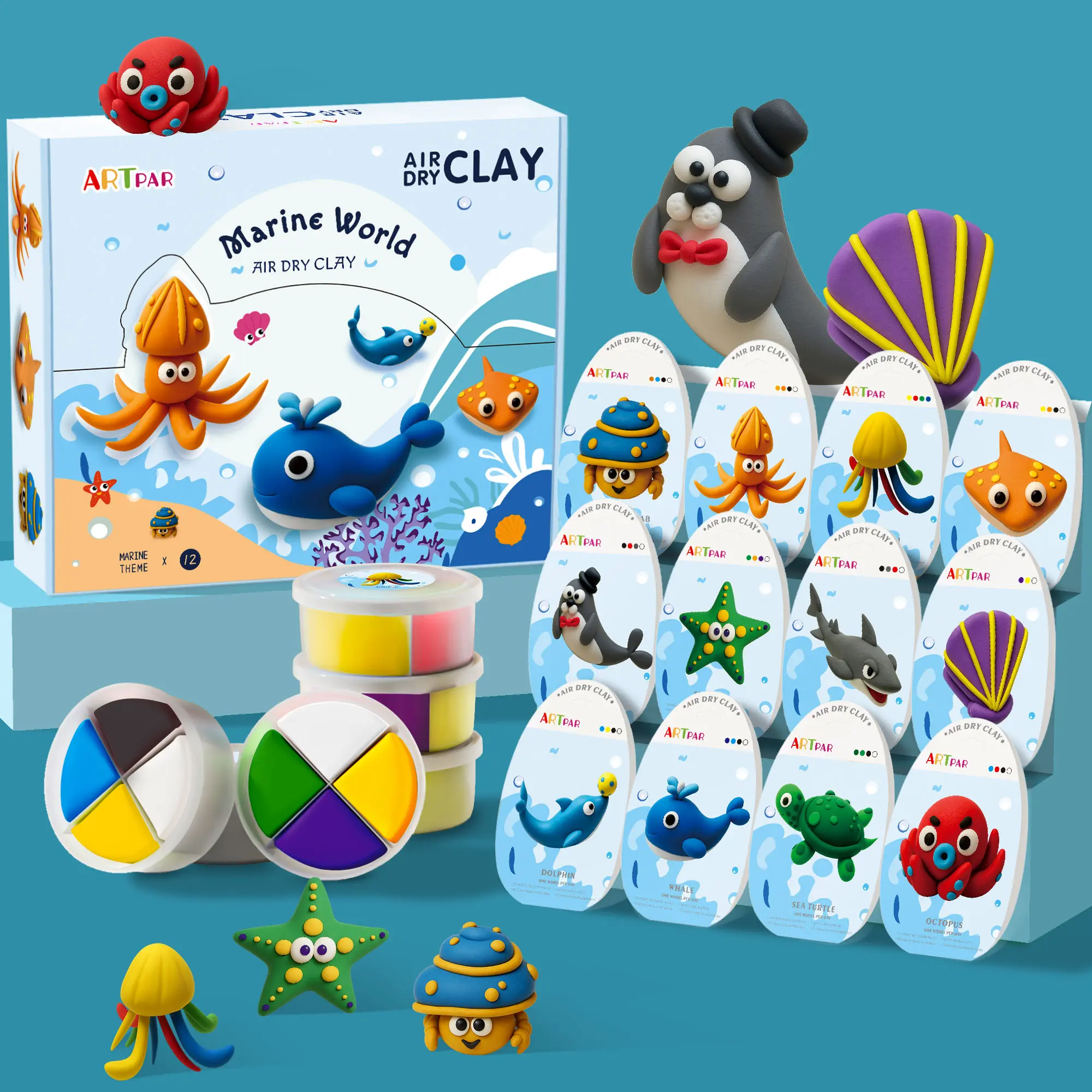 ARTPAR Air Dry Clay Kit for Kids - 12 Marine Animals Modeling Clay Set, Ultra-Light & Non-Sticky, DIY Sculpting Tools, Creative Arts & Crafts Gift for Ages 3-12