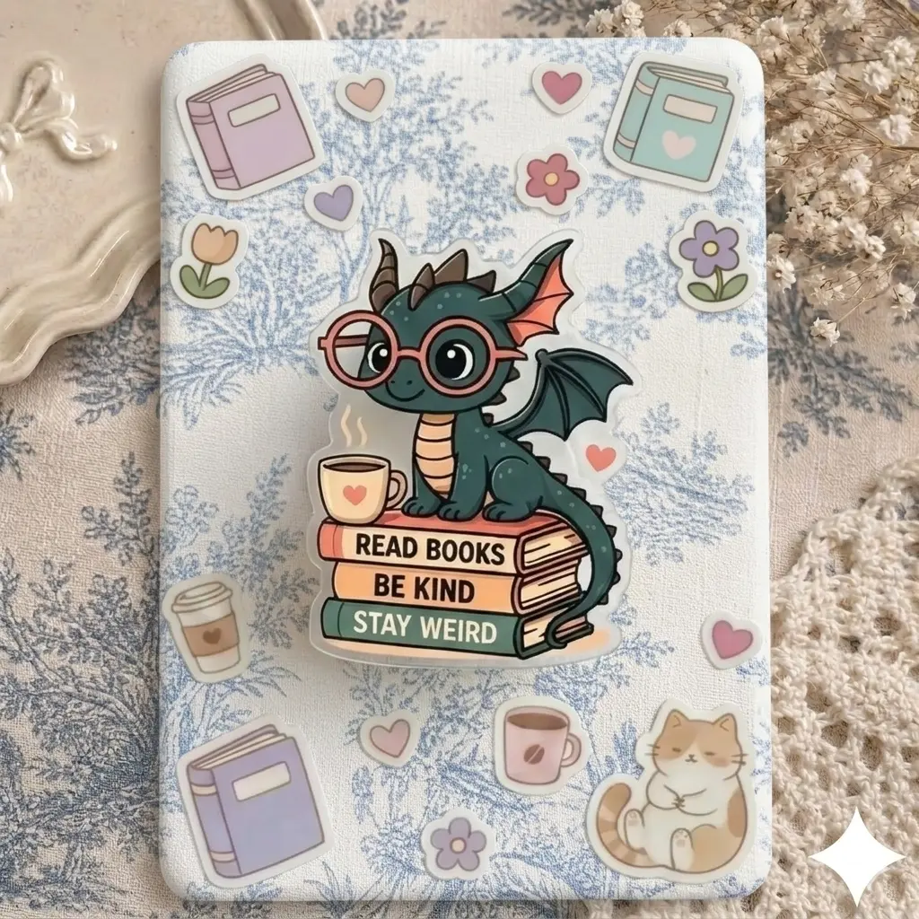 Cute Dragon Book Reader Phone Grip – Aesthetic Reading Lover Pop Socket, Whimsical Bookworm Phone Holder, Collapsible Accessory for Smartphones, Unique Gift for Readers
