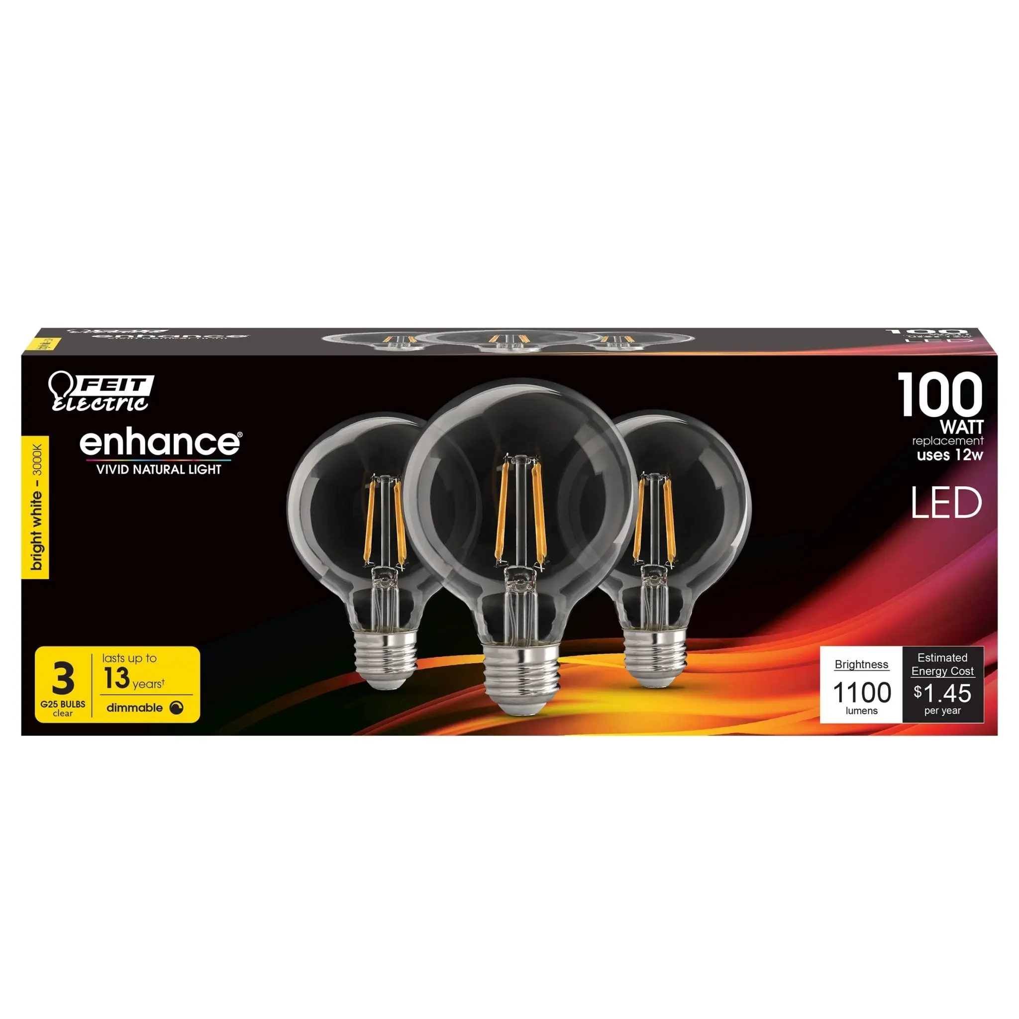 Feit Electric 100 Watt Replacement Bright White 3000K E26 Base G25 Dimmable LED Light Bulb 3 Pack