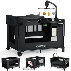 CAVEEN 5 in 1 Baby Playard, WIth Baby Bassinet, Portable Bedside Sleeper Baby Crib, with Removable Changing Station & Storage Organizer, Black