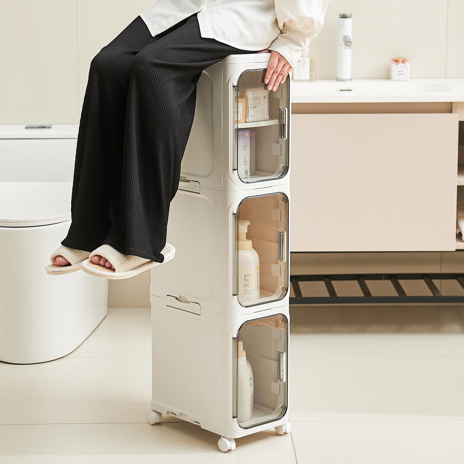 UFORU 4-Layer Tall Narrow Plastic Cabinet - Slim Design, Doors, Adjustable Shelves, Wheels, Stackable, Foldable, Toilet Storage Cabinet, Organizer for Small Spaces, Bathroom Upgrade, Laundry Hacks, Bath Hacks (Midyear Sale Deals)