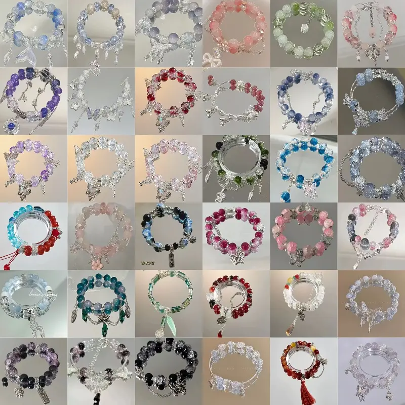 Whimsical 12-Piece Beaded Bracelets & Bangles Set, Colorful Glass Bead Charm Bracelets for Women with Flower & Butterfly Accents, Charm Bracelet