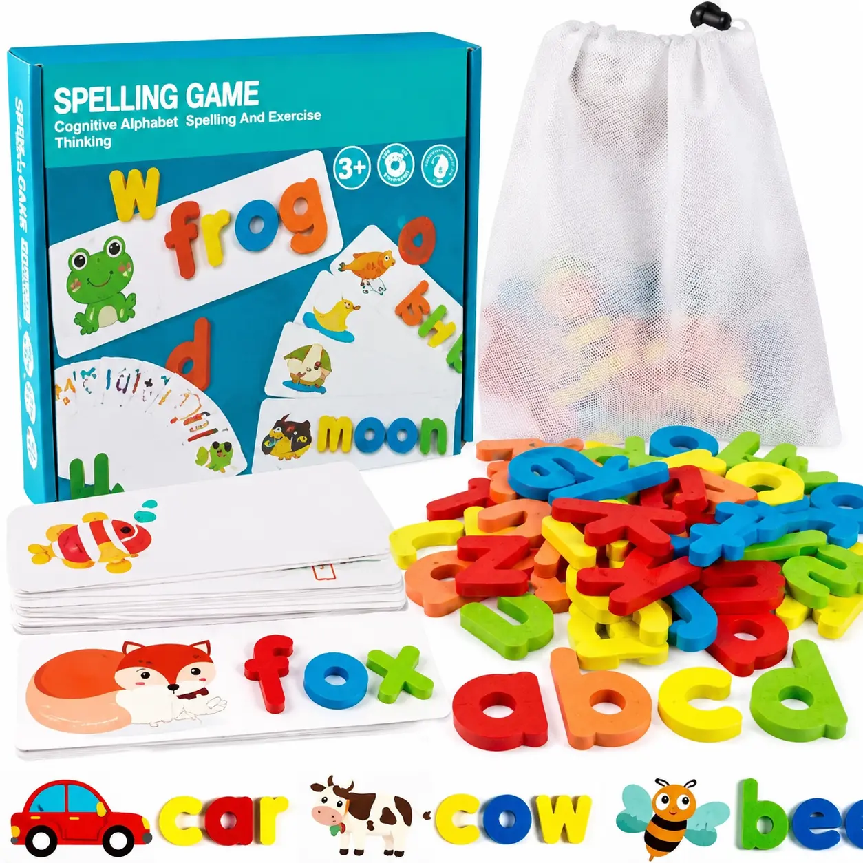 Wooden Toddler See & Spell Learning Toy - Letter Cutouts Language Toy with 56 Words on 28 2-Sided Cognitive Cards, 3+ Years Montessori Preschool Education Toddler Learning Activities, Creativity-Boosting Wooden Stacking Blocks