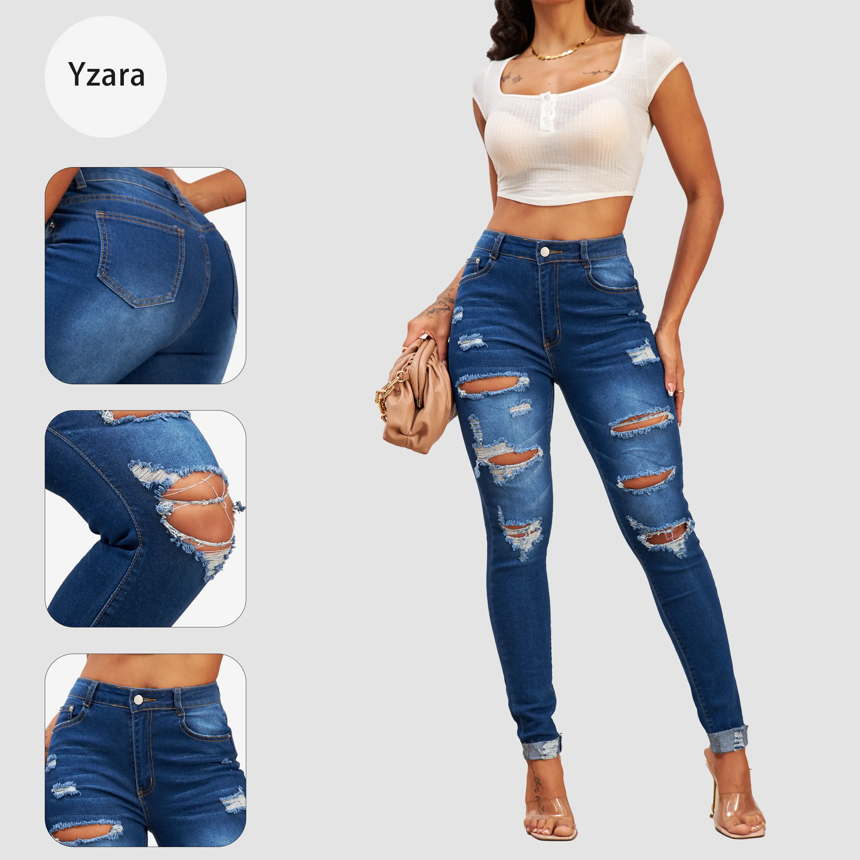 Women's Elastic High Waist High-Stretch Ripped Distressed Denim Jeans - Pocket Jeans with Ladder Holes, Rolled Hem, Casual Chic Elegant Medium Wash Trousers (Mother's Day Gift), Distressed Denim Style, Elastic High Waist Jeans