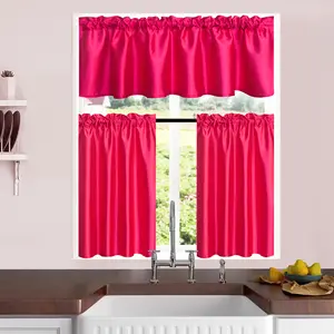 3-Piece Faux Silk Kitchen Curtains, Solid Color Blackout Heat Insulation Curtains with Metal Rings, Suitable for Kitchen, Modern Simple Luxury Curtains, Light-Filtering Curtains, Home Decor Curtains