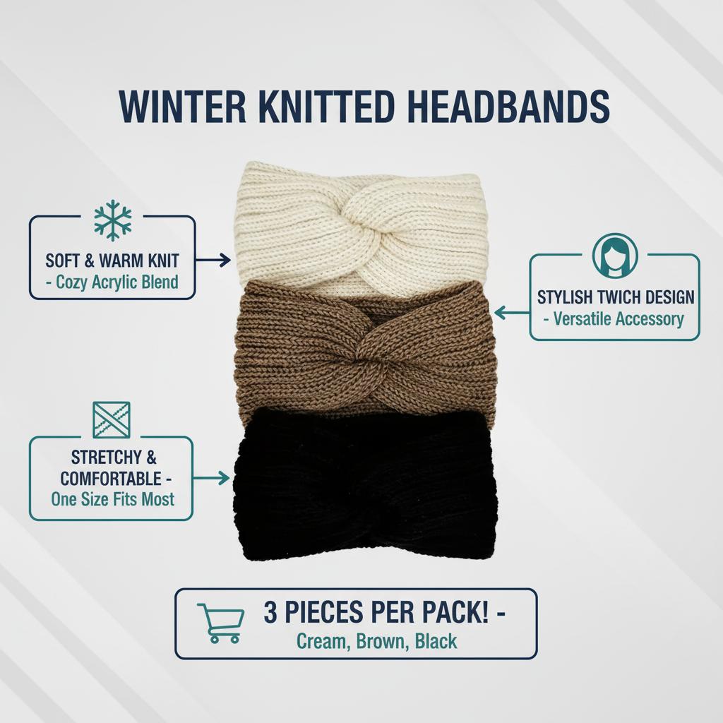 3PCS Women's Knitted Headbands for Winter - Diademas de Punto Cálidas - Twisted Turban Style Ear Warmers - Cozy Cable Knit Hair Bands & Head Wraps Beige Brown Black