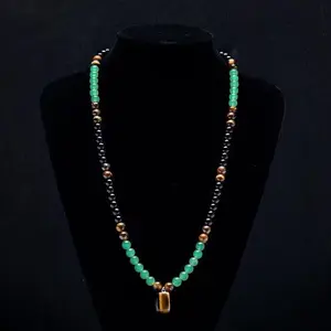 Wealth Attraction Energy Bead Set – Necklace & Bracelet with Tiger Eye Pendant Crystal Set Jewelry Set Aventurine Prosperity Daily Wear Earthy