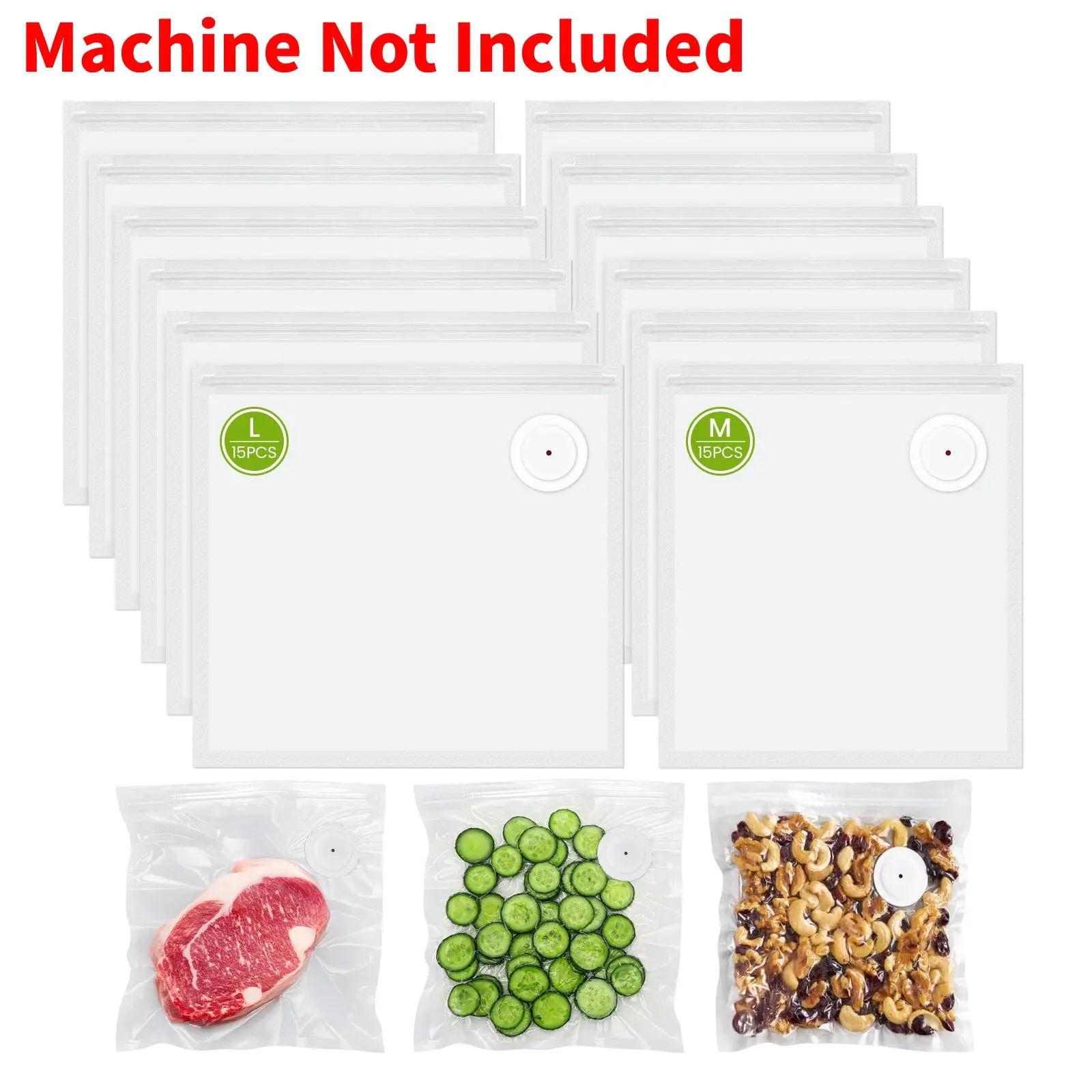 (Total 30 PCS）FEPPO Reusable Vacuum Sealer Containers Bags, 15 PCS 8.3"×8.7" & 15 PCS 10.2"×11" Bags with Air Valve