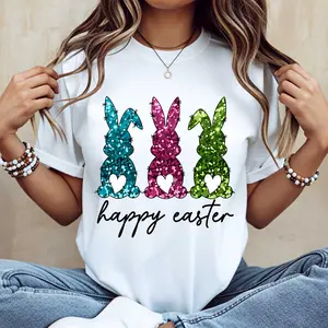Women Casual Round Neck T-Shirt White Three Color Glitter Bunny Happy Easter Print For Spring Festival Celebration