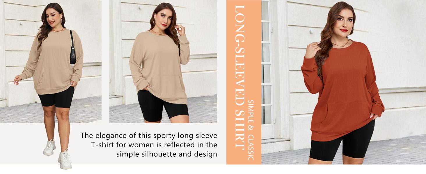 AUSELILY [Plus Size] Women's Crewneck Hoodless Sweatshirt With Kangaroo Pocket  Fleece Longsleeve Casual Style Shirt  Lightweight Pullover SpringStatements